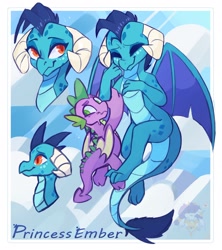 Size: 1821x2048 | Tagged: safe, artist:drawtheuniverse, derpibooru import, princess ember, spike, dragon, g4, bust, colored pupils, cute, duo, duo male and female, eyes closed, female, male, outdoors, passepartout, portrait, profile, sky, smiling, sweat, winged spike, wings