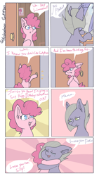 Size: 3726x6600 | Tagged: safe, artist:tkshoelace, derpibooru import, limestone pie, pinkie pie, earth pony, comic, crying, curtains, door, duo, duo female, ear fluff, ears, female, floppy ears, hoof on chest, hooves on the table, hug, panels, siblings, sisters, smiling, speech bubble, talking, text, window, younger