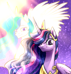 Size: 1182x1229 | Tagged: safe, artist:not-ordinary-pony, derpibooru exclusive, derpibooru import, princess celestia, princess twilight 2.0, twilight sparkle, twilight sparkle (alicorn), alicorn, curved horn, duo, ethereal mane, female, horn, long mane, mare, older, older twilight, older twilight sparkle (alicorn), peytral, smiling, starry mane, sternocleidomastoid