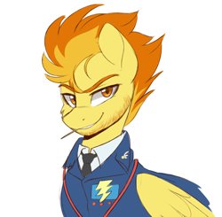 Size: 1018x996 | Tagged: safe, alternate version, artist:higglytownhero, derpibooru import, firestorm, spitfire, pegasus, pony, beard, bust, clothes, drill sergeant, facial hair, looking at you, male, necktie, rule 63, simple background, smiling, solo, spitfire's tie, stallion, suit, toothpick, uniform, whistle, whistle necklace, white background, wonderbolts dress uniform