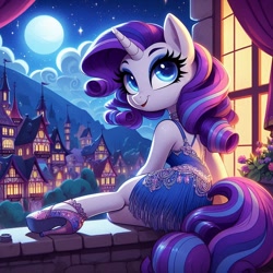 Size: 1024x1024 | Tagged: source needed, safe, ai content, derpibooru import, generator:dall-e 3, machine learning generated, rarity, pony, unicorn, g4, balcony, brick wall, clothes, cloud, cute, drapes, dress, flag, flower, high heels, horn, looking up, moon, moonlight, night, palindrome get, ponyville, prompter needed, shoes, smiling, stars, tree, window