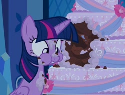 Size: 540x412 | Tagged: safe, derpibooru import, screencap, twilight sparkle, twilight sparkle (alicorn), alicorn, pony, g4, cake, cakes for the memories, cheek bulge, cropped, cute, eating, folded wings, food, imminent gulp, messy eating, my little pony: friendship is forever, sitting, solo, twiabetes, wings