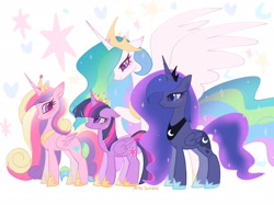 Size: 2048x1530 | Tagged: safe, artist:petaltwinkle, derpibooru import, princess cadance, princess celestia, princess luna, twilight sparkle, twilight sparkle (alicorn), alicorn, pony, g4, alicorn tetrarchy, backwards cutie mark, beautiful, concave belly, crown, cute, female, group, height difference, hoof shoes, jewelry, looking at each other, looking at someone, peytral, physique difference, princess shoes, quartet, regalia, side view, simple background, slender, thin, twiabetes, white background