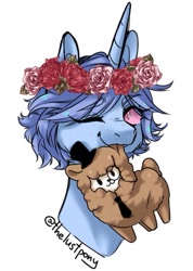 Size: 639x895 | Tagged: safe, artist:illustra, derpibooru import, oc, oc only, pony, sheep, unicorn, black hat, bust, clothes, colored sclera, eye clipping through hair, eyebrows, eyebrows visible through hair, female, female oc, floral head wreath, flower, freckles, hat, horn, looking at you, mare, mare oc, monocle, mouth hold, necktie, one eye closed, pink sclera, plushie, portrait, signature, simple background, solo, unicorn oc, wink, winking at you