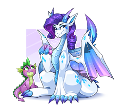 Size: 2845x2566 | Tagged: safe, artist:buvanybu, derpibooru import, rarity, spike, dragon, blushing, cute, digital art, dragonified, duo, duo male and female, female, gem, male, passepartout, raridragon, species swap, spikabetes, wingless spike