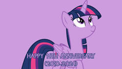 Size: 1920x1080 | Tagged: safe, artist:cloudy glow, derpibooru import, edit, editor:jaredking779, twilight sparkle, twilight sparkle (alicorn), alicorn, pony, g4, female, folded wings, horn, looking up, mare, mlp fim's fourteenth anniversary, purple background, raised hoof, raised leg, simple background, smiling, solo, wings