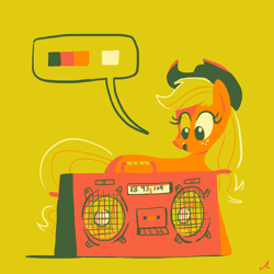 Size: 3827x3822 | Tagged: safe, artist:docwario, derpibooru import, applejack, earth pony, pony, g4, applejack's hat, boombox, clothes, cowboy hat, female, freckles, hat, limited palette, mare, simple background, solo, speech bubble, yellow background