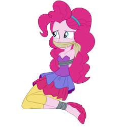 Size: 2000x2000 | Tagged: safe, artist:nie-martw-sie-o-mnie, derpibooru import, pinkie pie, human, equestria girls, friendship through the ages, g4, bondage, bound and gagged, breasts, cleavage, cloth gag, clothes, dress, female, femsub, gag, high heels, pinkiesub, shoes, simple background, solo, strapless, strapless dress, submissive, tape, tape bondage, transparent background