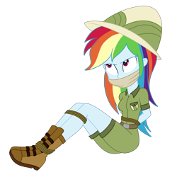 Size: 2000x2000 | Tagged: safe, artist:nie-martw-sie-o-mnie, derpibooru import, rainbow dash, human, dance magic, equestria girls, g4, bondage, boots, bound and gagged, cloth gag, clothes, cute, dashabetes, dashsub, defiance, equestria girls specials, explorer outfit, female, femsub, gag, hat, hiking boots, pith helmet, rope, rope bondage, shirt, shoes, shorts, simple background, sitting, solo, submissive, tempting fate, transparent background