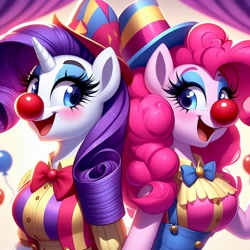 Size: 1024x1024 | Tagged: safe, ai content, derpibooru import, generator:bing image creator, generator:dall-e 3, machine learning generated, pinkie pie, rarity, anthro, earth pony, unicorn, g4, balloon, bowtie, clothes, clown, clown nose, duo, female, hat, horn, makeup, mare, prompter:heydude5321, red nose