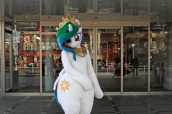 Size: 1200x800 | Tagged: safe, derpibooru import, princess celestia, 2016, automatic door, butt wings, child bearing hips, fursuit, irl, jewelry, outdoors, photo, ponysuit, regalia, solo, wide hips, wings