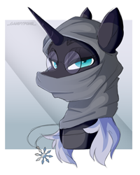 Size: 2000x2500 | Tagged: safe, artist:_candypone_, derpibooru import, oc, oc only, oc:penumbra shard, unicorn, amulet, balaclava, bust, chaos star, commissioner:sfaccountant, female, glasses, horn, jewelry, passepartout, portrait, solo, unicorn oc