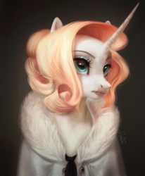 Size: 1057x1280 | Tagged: safe, artist:fantiimotaru, derpibooru import, oc, oc only, oc:glacier blanc, pony, unicorn, bust, clothes, coat, female, horn, mare, portrait, solo