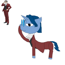 Size: 3000x3000 | Tagged: safe, artist:blazewing, derpibooru import, oc, oc only, oc:syntax, unicorn, ace attorney, adjusting glasses, clothes, costume, glasses, horn, jabot, male, miles edgeworth, nightmare night, nightmare night costume, pants, reference used, simple background, smiling, solo, stallion, suit, waistcoat