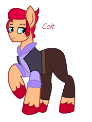 Size: 512x676 | Tagged: source needed, safe, artist:colorcoookie0w0, derpibooru import, pony, brawl stars, brawler, clothes, colt (brawl stars), crossover, male, pants, ponified, shirt, smiling, solo, species swap, stallion, supercell, unshorn fetlocks, vest