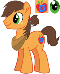 Size: 446x549 | Tagged: oc name needed, source needed, safe, artist:jvillacorta0611, derpibooru import, oc, oc only, earth pony, pony, base used, brown mane, brown tail, freckles, green eyes, male, offspring, parent:applejack, parent:caramel, parents:carajack, pixel-crisp art, ponytail, reference sheet, short tail, smiling, solo, stallion, standing, tail, yoke