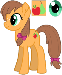 Size: 416x500 | Tagged: oc name needed, source needed, safe, artist:jvillacorta0611, derpibooru import, oc, oc only, earth pony, pony, base used, bow, brown mane, brown tail, female, freckles, hair bow, mare, offspring, parent:applejack, parent:caramel, parents:carajack, pixel-crisp art, ponytail, simple background, smiling, solo, standing, tail, tail bow, teal eyes, teenager, transparent background