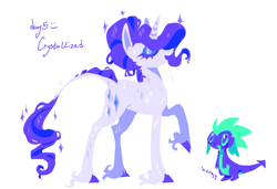 Size: 1050x718 | Tagged: safe, artist:squilko, derpibooru import, rarity, spike, crystal pony, dragon, pony, unicorn, g4, crystal rarity, crystallized, duo, female, horn, hungry, leonine tail, mare, simple background, tail, unshorn fetlocks, white background