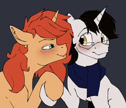 Size: 1142x980 | Tagged: safe, artist:luxsimx, derpibooru import, oc, oc only, oc:flaming arrow, oc:page turner, pony, unicorn, duo, fangs, glasses, horn, male, simple background, stallion