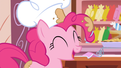 Size: 1920x1080 | Tagged: safe, derpibooru import, screencap, pinkie pie, earth pony, pony, g4, season 5, the lost treasure of griffonstone, chef, chef's hat, eyes closed, female, hat, indoors, kitchen, mare, pillarboxing, solo, sugarcube corner