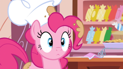 Size: 1920x1080 | Tagged: safe, derpibooru import, screencap, pinkie pie, earth pony, pony, g4, the lost treasure of griffonstone, batter, chef's hat, female, food, hat, indoors, mare, solo