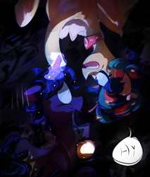 Size: 2550x3000 | Tagged: safe, artist:pakmur, derpibooru import, oc, oc only, oc:olen, oc:space, bat pony, pony, unicorn, collar, dark background, duo, forest, horn, nature, smiling, tree