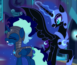 Size: 4650x3952 | Tagged: safe, artist:shallarts, derpibooru import, nightmare moon, oc, oc:midnight specter, alicorn, pony, alicorn oc, alternate timeline, armor, canon x oc, commission, duo, duo female, eyes closed, eyeshadow, fangs, female, glowing, glowing horn, grin, gritted teeth, helmet, hoof shoes, horn, inspection, jewelry, lesbian, magic, makeup, mare, multicolored hair, nightmare takeover timeline, regalia, smiling, teeth, wings, ych result