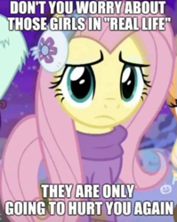 Size: 541x680 | Tagged: safe, derpibooru import, edit, edited screencap, screencap, applejack, fluttershy, rarity, pegasus, pony, g4, caption, clothes, cropped, female, image macro, lonely, looking at you, mare, meme, my little pony best gift ever, offscreen character, sad, solo focus, text, winter outfit