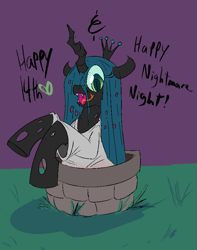 Size: 665x843 | Tagged: safe, artist:notsafeforsanity, derpibooru exclusive, derpibooru import, queen chrysalis, changeling, changeling queen, g4, clothes, costume, derpibooru community collaboration, dress, grass, heart, mlp fim's fourteenth anniversary, nightmare night, nightmare night costume, outdoors, sadako, solo, the ring, tongue, tongue out, two toned background, well, white dress