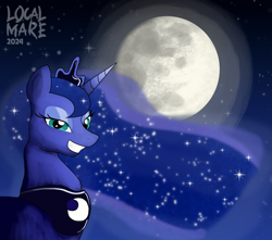 Size: 2757x2432 | Tagged: safe, artist:localmare, derpibooru import, princess luna, alicorn, pony, crown, digital art, female, flowing mane, gradient background, green eyes, horn, jewelry, moon, night, night sky, regalia, sky, smiling, solo, stars