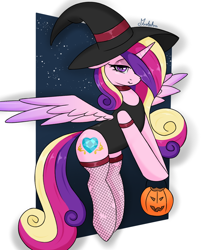 Size: 1460x1698 | Tagged: safe, artist:marbatra, derpibooru import, princess cadance, alicorn, pony, black leotard, bucket, choker, clothes, female, fishnet clothing, fishnet stockings, hat, horn, leotard, looking at you, mare, passepartout, pumpkin bucket, smiling, smiling at you, solo, stockings, thigh highs, witch hat