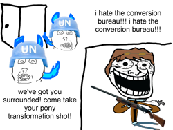 Size: 1440x1080 | Tagged: safe, derpibooru import, troll, fanfic:the conversion bureau, gun, i hate the antichrist, meme, schizophrenia, shotgun, the conversion bureau, trollface, united nations, weapon