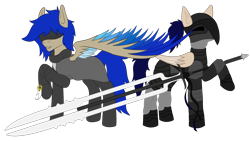 Size: 3480x1959 | Tagged: safe, artist:duskendraws, derpibooru exclusive, derpibooru import, oc, oc only, oc:duraesmia, oc:nardaem, pegasus, pony, armor, blindfold, brother and sister, clothes, female, male, siblings, simple background, sword, transparent background, twins, weapon