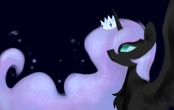 Size: 2508x1600 | Tagged: safe, artist:shu-jeantte, derpibooru import, nightmare moon, princess luna, alicorn, pony, g4, chest fluff, crown, dark, ethereal mane, female, jewelry, mare, missing accessory, nightmare luna, regalia, simple background, slit eyes, solo, spread wings, starry mane, wings