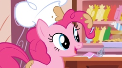 Size: 1920x1080 | Tagged: safe, derpibooru import, screencap, pinkie pie, earth pony, pony, g4, season 5, the lost treasure of griffonstone, chef, cute, diapinkes, female, hat, indoors, kitchen, mare, solo, sugarcube corner, toque