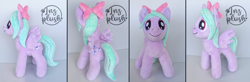 Size: 3334x1095 | Tagged: safe, artist:lnzz, derpibooru import, flitter, pegasus, pony, g4, caption, commission, female, image macro, irl, photo, plushie, solo, text