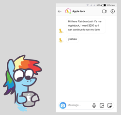 Size: 891x845 | Tagged: safe, artist:zoeyhorse, derpibooru import, applejack, rainbow dash, earth pony, pegasus, pony, g4, female, hoof hold, ipad, mare, scam, solo, text, text message, yeehaw