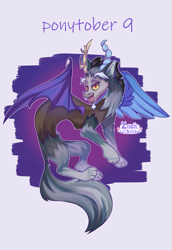 Size: 1984x2880 | Tagged: safe, artist:zackchibi, derpibooru import, part of a set, discord, draconequus, wolf, g4, clothes, costume, halloween, halloween costume, lidded eyes, looking at you, male, open mouth, open smile, ponytober, ponytober 2024, simple background, smiling, smiling at you, solo