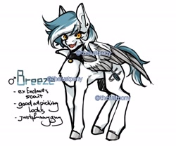 Size: 2560x2133 | Tagged: safe, artist:illustra, derpibooru import, oc, oc only, oc:breeze, pegasus, pony, fallout equestria, choker, colored wings, concave belly, ear piercing, eye clipping through hair, eyebrows, eyebrows visible through hair, full body, high res, looking at you, male, male oc, open mouth, pegasus oc, piercing, reference sheet, side view, signature, simple background, spread wings, stallion, stallion oc, standing, two toned mane, two toned wings, unshorn fetlocks, white background, wings