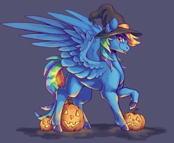 Size: 2048x1687 | Tagged: safe, artist:flaming-trash-can, derpibooru import, rainbow dash, pegasus, pony, g4, :p, blue background, dark blue background, female, halloween, hat, holiday, jack-o-lantern, mare, missing cutie mark, pumpkin, raised hoof, raised leg, simple background, solo, spread wings, tongue, tongue out, wings, witch hat