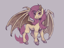 Size: 1761x1321 | Tagged: safe, artist:flaming-trash-can, derpibooru import, fluttershy, bat pony, pony, g4, bat ponified, fangs, female, flutterbat, gray background, lidded eyes, looking at you, mare, missing cutie mark, race swap, simple background, smiling, smiling at you, solo