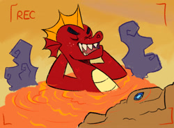 Size: 1952x1441 | Tagged: safe, artist:kreeeeeez, derpibooru import, garble, dragon, g4, bathing, camera, camera shot, dragon lands, eyes closed, fin ears, gemstones, lava, lava bathing, male, open mouth, recording, red skin, smoke, solo, stalker, stalking