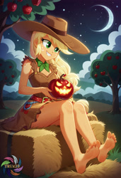 Size: 2496x3648 | Tagged: safe, ai content, derpibooru import, machine learning generated, applejack, human, equestria girls, g4, apple, apple tree, barefoot, feet, generator:civitai, halloween, hat, hay bale, holiday, jack-o-lantern, moon, night, outdoors, prompter:trux23, pumpkin, sitting, soles, solo, stars, tree