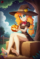 Size: 2496x3648 | Tagged: safe, ai content, derpibooru import, machine learning generated, pear butter, human, equestria girls, g4, apple, apple tree, barefoot, feet, fence, generator:civitai, halloween, hat, hay bale, holiday, jack-o-lantern, night, outdoors, prompter:trux23, pumpkin, sitting, soles, solo, stars, tree, witch hat