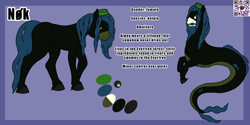 Size: 3999x2000 | Tagged: safe, artist:wyntermoon, derpibooru import, oc, oc only, oc:nok, kelpie, sea pony, female, fins, lilypad, long hair, long tail, mare, multicolored coat, reference sheet, skull, solo, species swap, tail, text