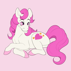 Size: 1500x1500 | Tagged: safe, artist:lildarkvixen, derpibooru import, sweetheart, earth pony, pony, g1, my little pony tales, blush scribble, blushing, female, hooves, lying down, pink background, prone, simple background, smiling, solo, tail