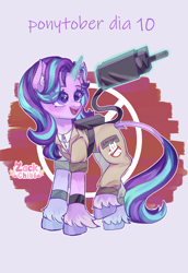 Size: 1984x2880 | Tagged: safe, artist:zackchibi, derpibooru import, part of a set, starlight glimmer, classical unicorn, pony, unicorn, g4, cloven hooves, female, ghostbusters, glowing, glowing horn, high res, horn, leonine tail, levitation, magic, mare, ponytober, proton pack, simple background, solo, tail, telekinesis, unshorn fetlocks