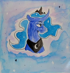 Size: 1800x1885 | Tagged: safe, artist:lildarkvixen, derpibooru import, princess luna, alicorn, pony, g4, bust, female, horn, jewelry, mare, peytral, portrait, smiling, solo, sparkles, tiara, traditional art, watercolor painting