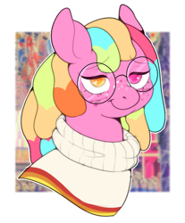 Size: 776x938 | Tagged: safe, artist:lildarkvixen, derpibooru import, oc, oc only, oc:sugar rush, earth pony, pony, blush scribble, blushing, bust, clothes, freckles, glasses, heart, heart eyes, male, passepartout, ponysona, ponytober, smiling, solo, stallion, sweater, wingding eyes