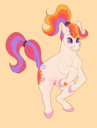 Size: 1800x2369 | Tagged: safe, artist:lildarkvixen, derpibooru import, sunny daze (g3), earth pony, pony, g3, blush scribble, blushing, female, heart, heart mark, hooves, mare, ponytail, rearing, simple background, smiling, solo, tail, tail band